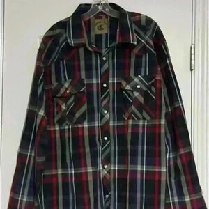 Coevals Club Men's Long Sleeve Red Blue Plaid Western Two Pockets Pearl Snap 3XL